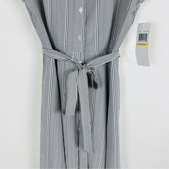 NWT Nina Leonard grey white stripe coastal preppy midi belted dress medium - Picture 3 of 10